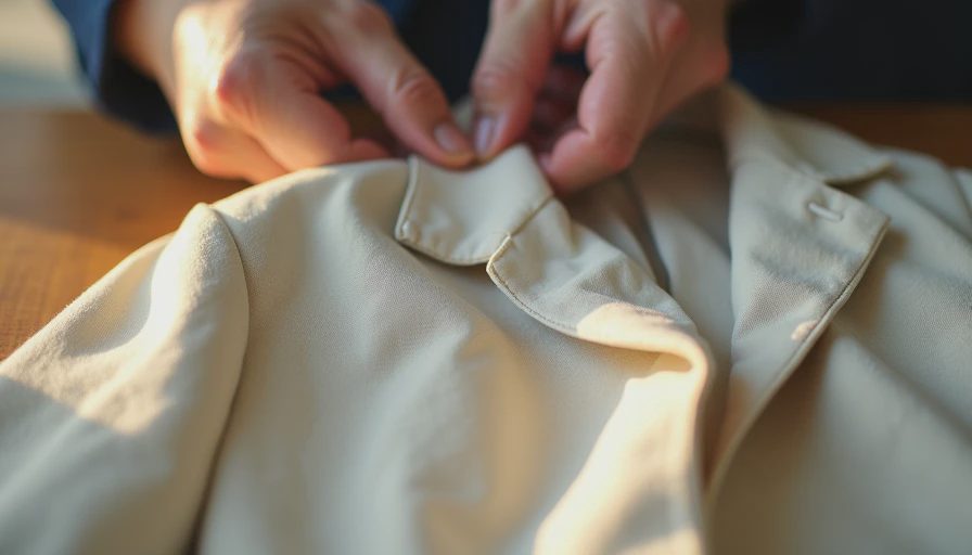 Close-up of blazer shoulder seam construction being examined