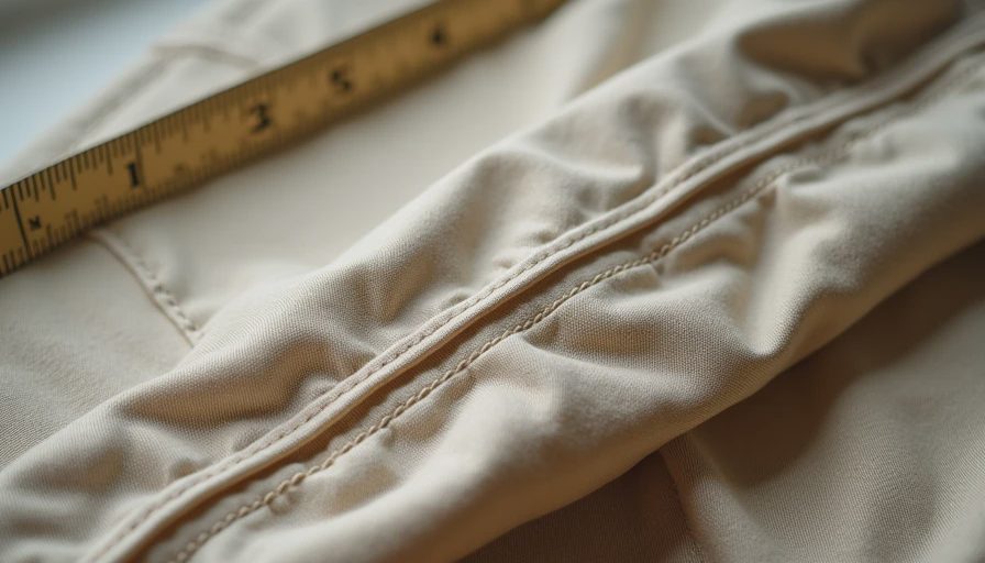 Detailed close-up of pants crotch seam interior for fit diagnosis