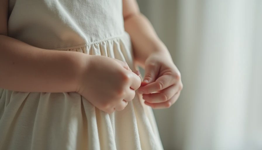 Child's hands examining dress fabric for comfort and movement