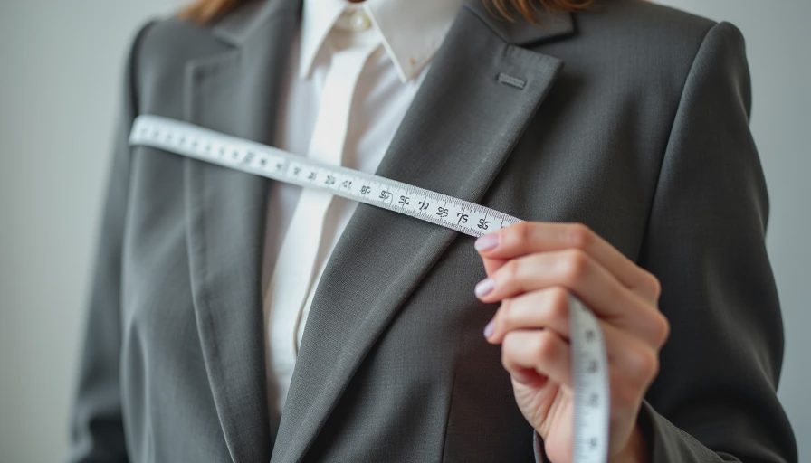 Step-by-step demonstration of measuring 12 inches from shoulder seam on a blazer
